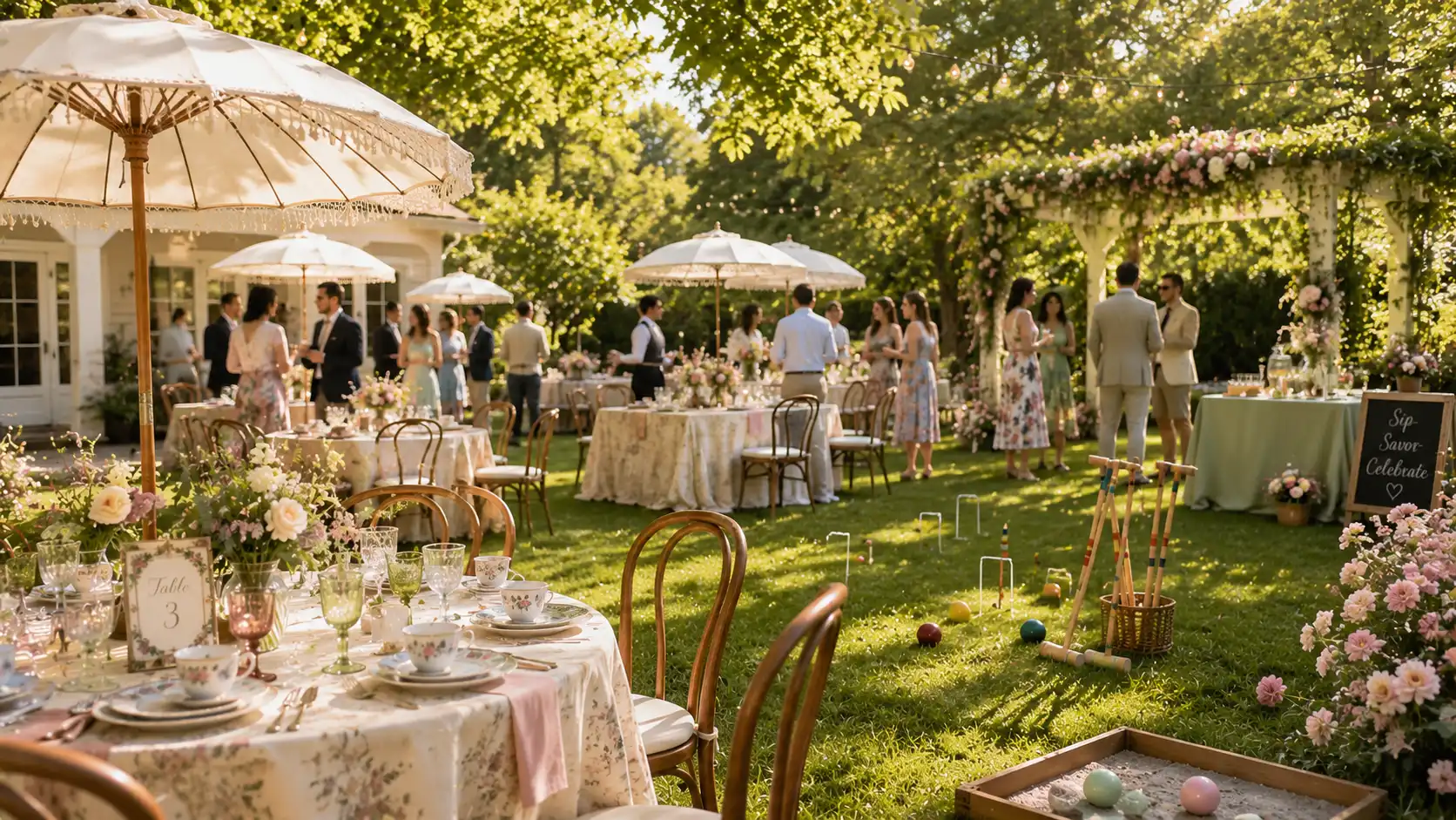 a backyard outdoor wedding with floral-decorated tables, parasols, garden games on grass, outdoor wedding ideas
