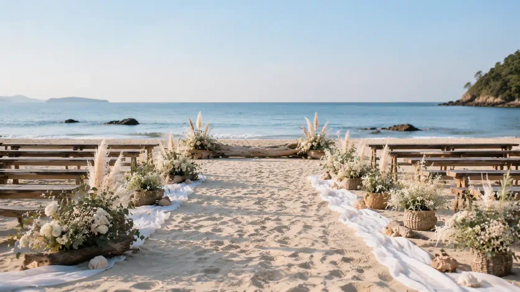 a beach wedding setup with wooden benches, floral arrangements, white fabric aisle, ocean waves, outdoor wedding ideas