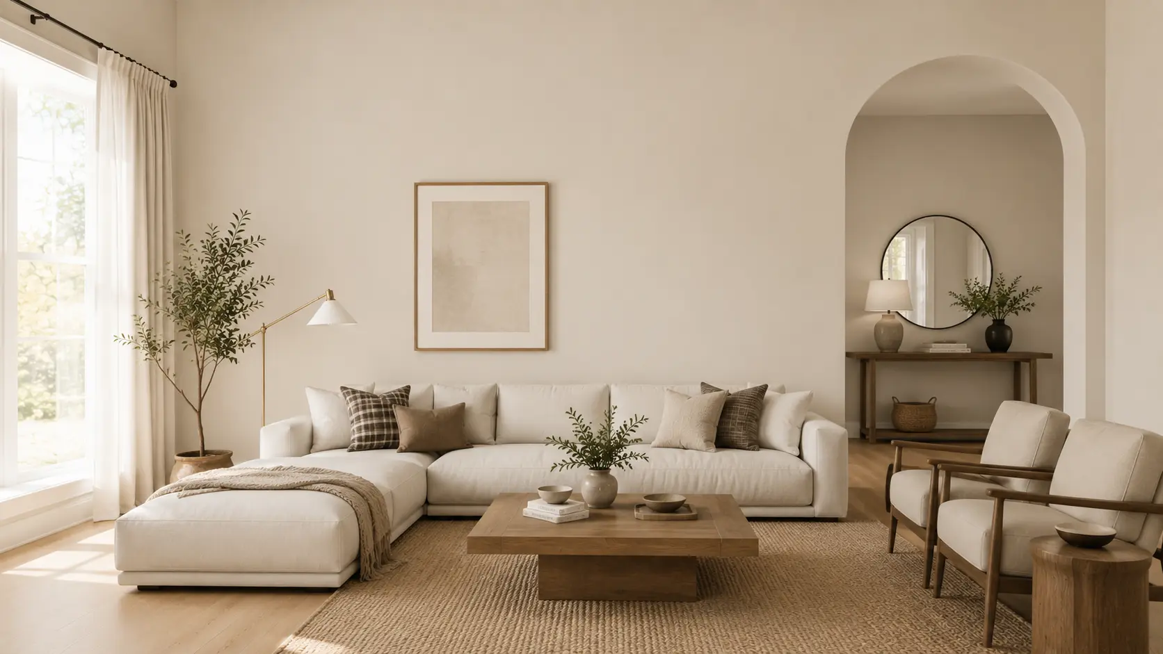 a bright minimalist living room with pale oak walls white sofa arched doorway and warm wood accents