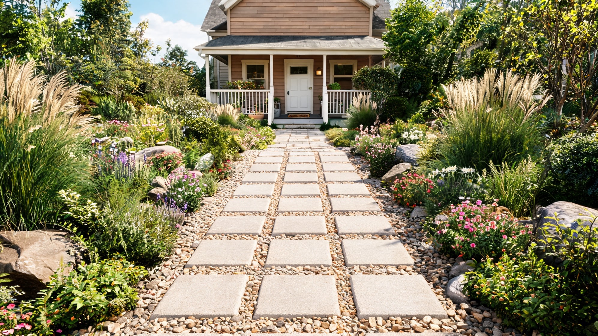 front lawn ideas with a tree mulch bed rounded shrubs stone edging and green grass beside a brick home