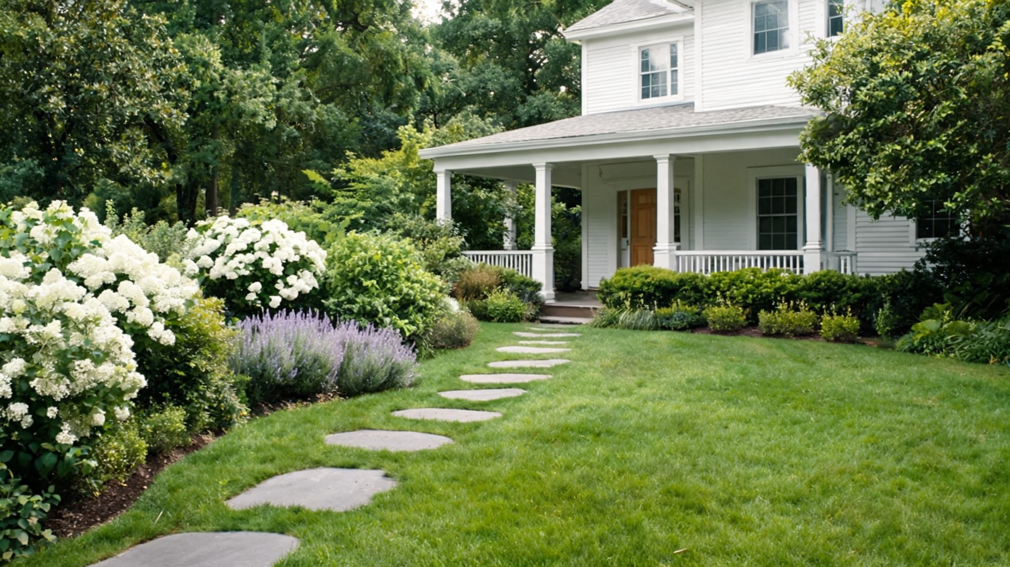 a charming white house with a cozy front yard is surrounded by lush greenery