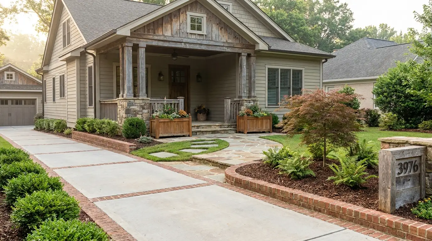 a clean walkway and stone border make the home exterior look finished, neat, and welcoming from the street