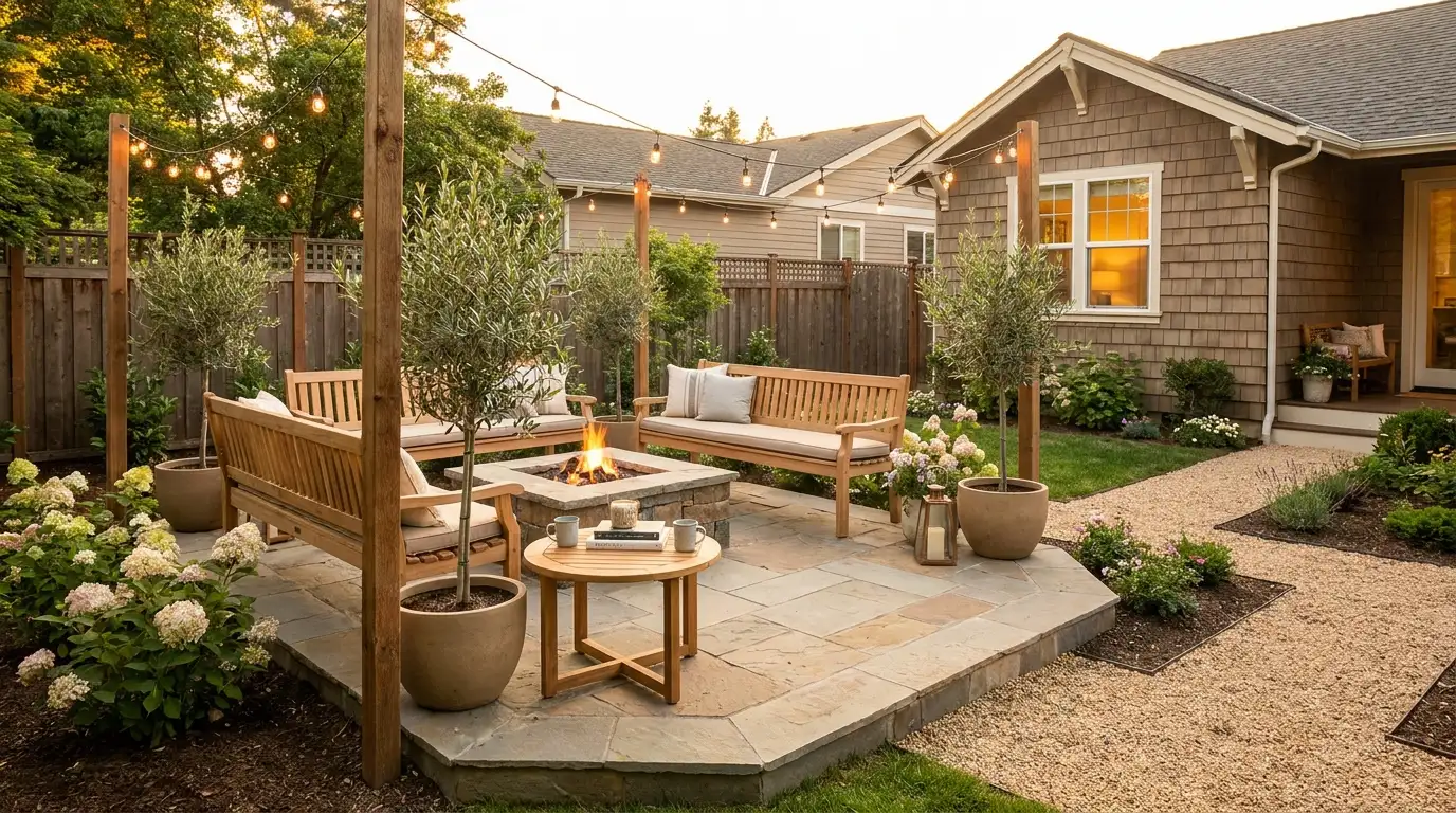 a furnished stone patio turns an empty yard corner into a useful outdoor spot for daily coffee and meals