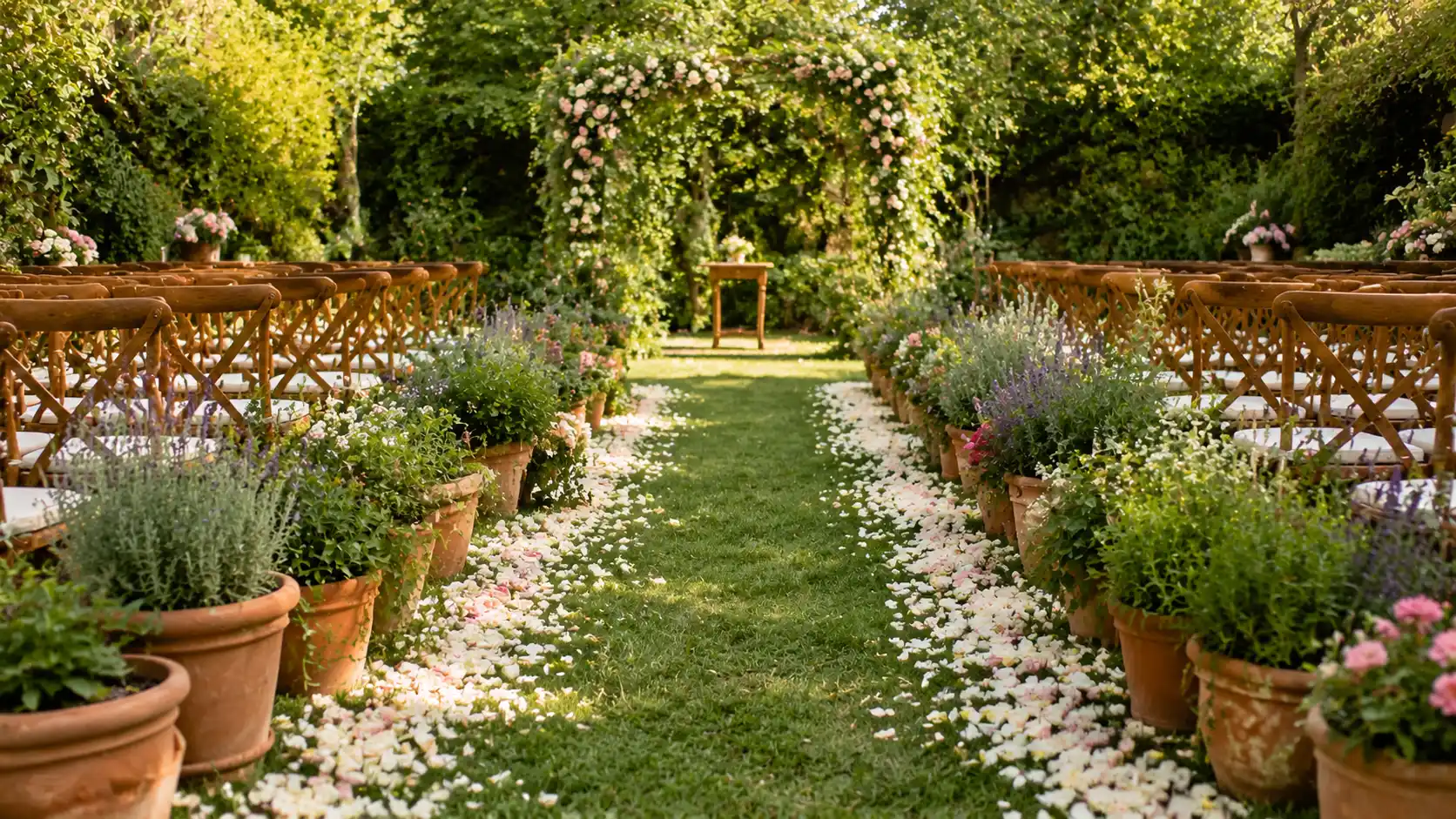 a garden aisle lined with terracotta pots of flowers, wooden chairs on green grass, floral arch, outdoor wedding ideas
