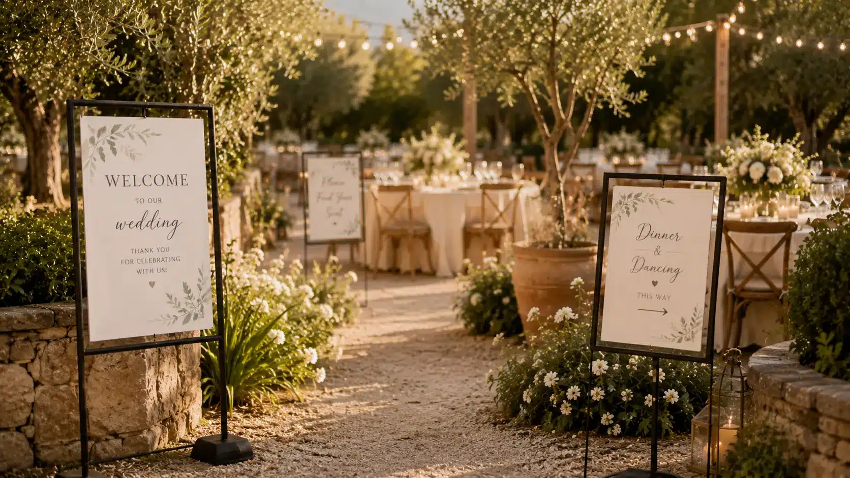 a garden outdoor wedding entrance with signage, string lights, trees, and tables, elegant outdoor wedding ideas