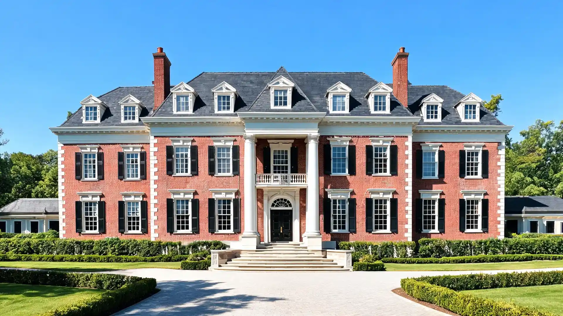 a large Georgian-style brick mansion on a sunny day (1)