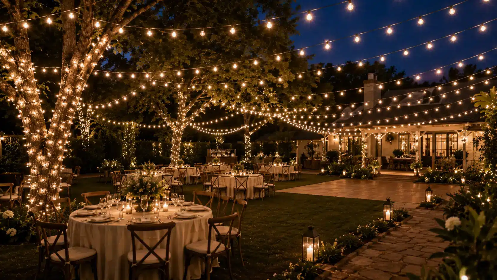 a nighttime outdoor wedding with round tables, string lights, candles, trees wrapped in lights, outdoor wedding ideas
