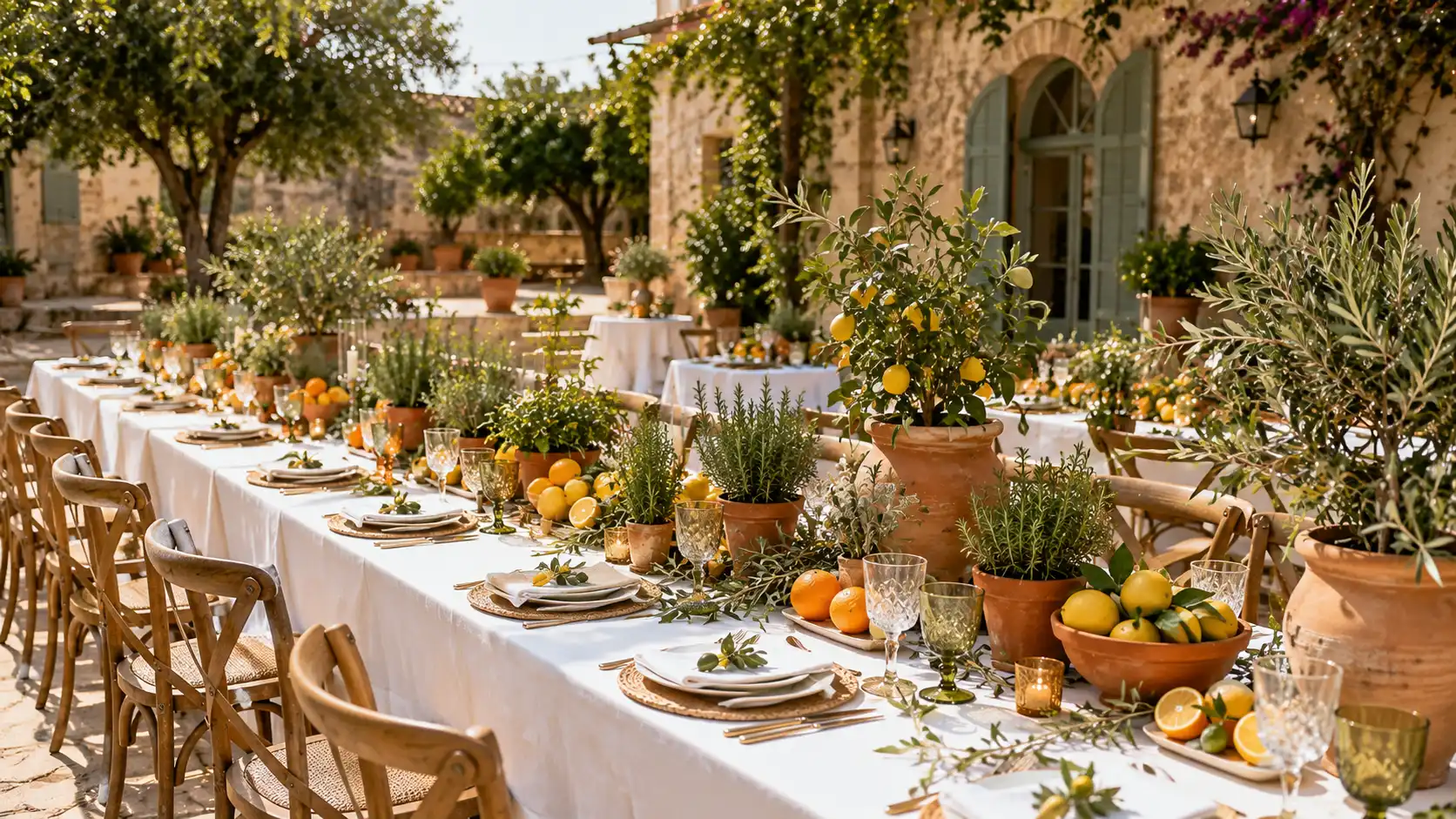 a outdoor wedding with lemons, oranges, potted herbs, wooden chairs, white linens, string lights, outdoor wedding ideas