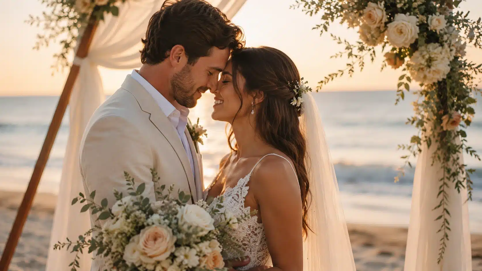a romantic beach wedding with bride and groom, sand, ocean background, and floral decorations, outdoor wedding ideas
