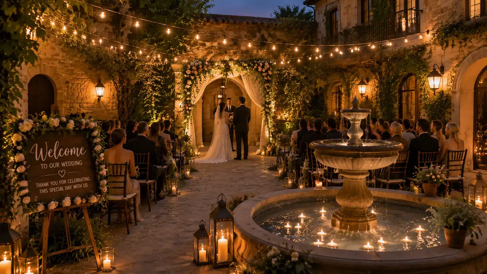 a romantic courtyard wedding at night with string lights, a floral arch, a fountain with candles, outdoor wedding ideas