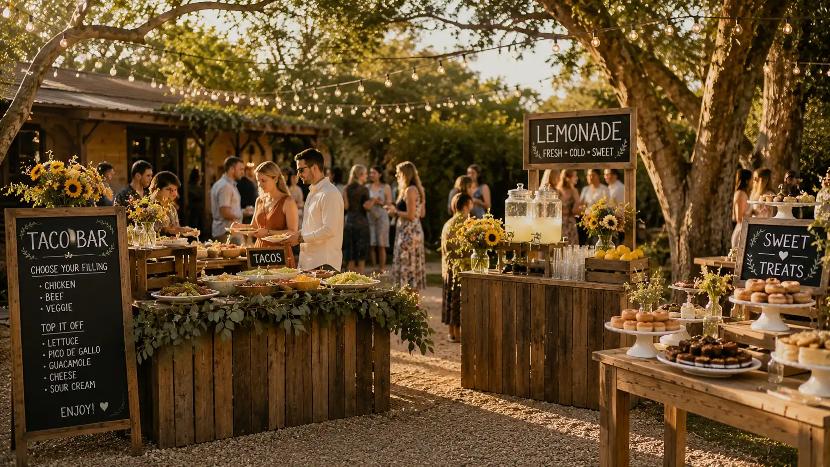 a rustic outdoor wedding buffet with a taco bar, lemonade station, treats, wooden crates, summer outdoor wedding ideas