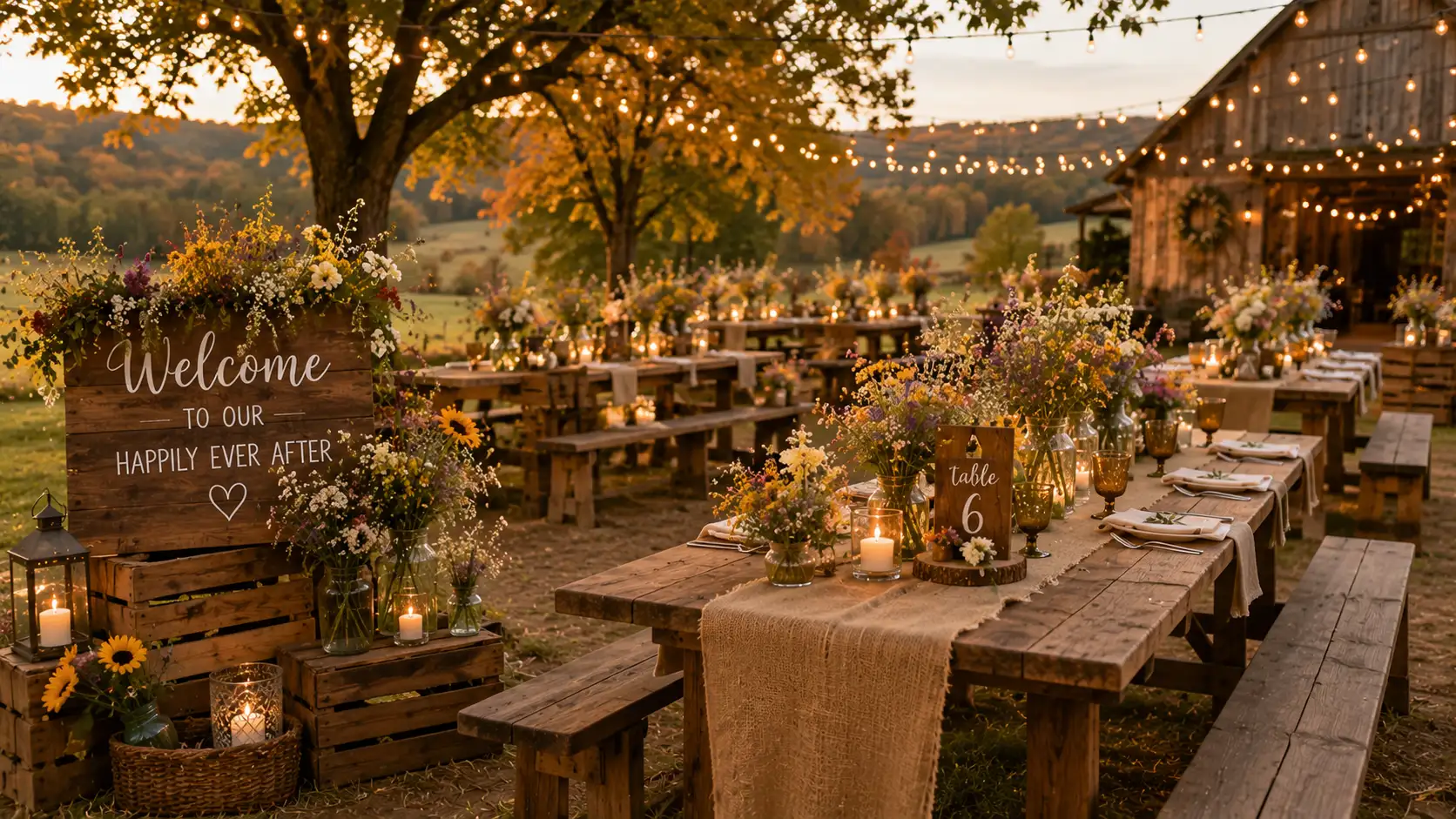 a rustic wedding in a vineyard with wooden tables, floral decor, string lights, candles, outdoor wedding ideas
