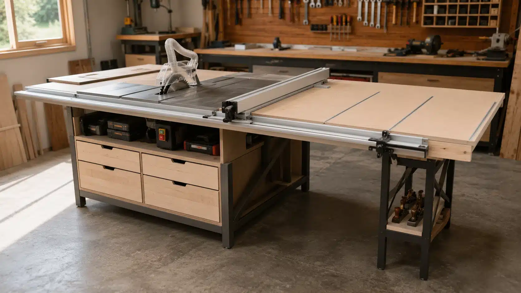 a spacious woodworking shop with a large extended work table multiple t-tracks and drawers surrounded by tools and wood panels