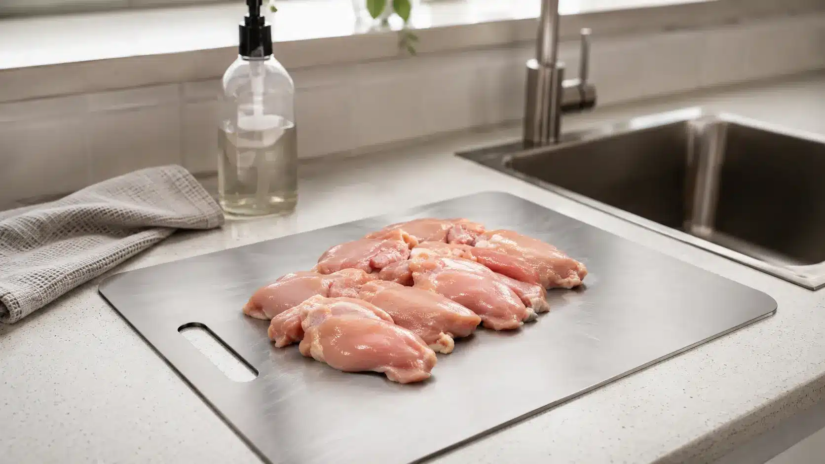 a stainless steel cutting board with raw chicken nearby and cleaning items in the background showing a nonporous meat prep surface
