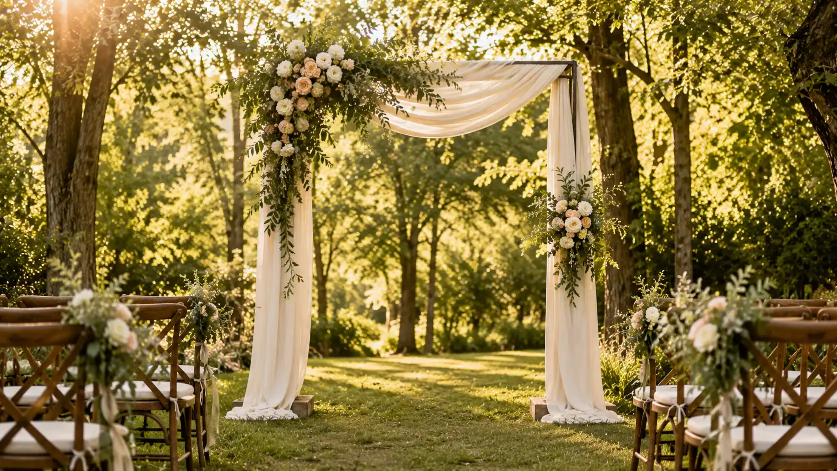 a sunlit garden outdoor wedding with a floral-decor arch, wooden chairs, greenery, natural outdoor wedding ideas