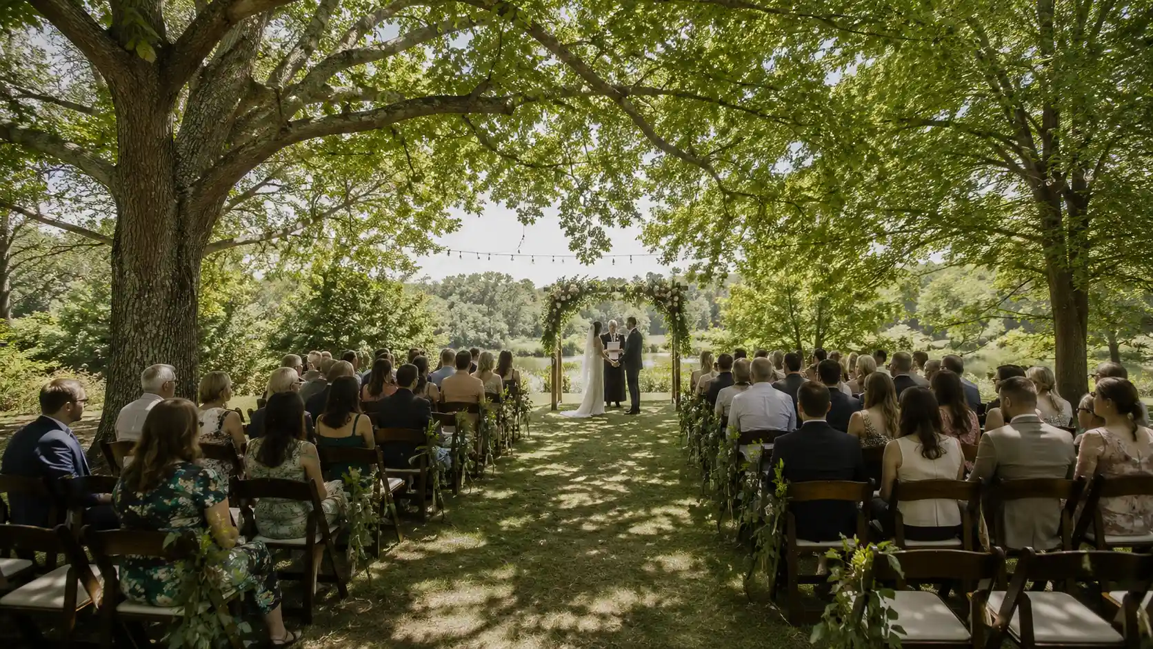 a sunlit outdoor wedding ceremony under large trees,white chairs, floral decor, floral archway, outdoor wedding ideas