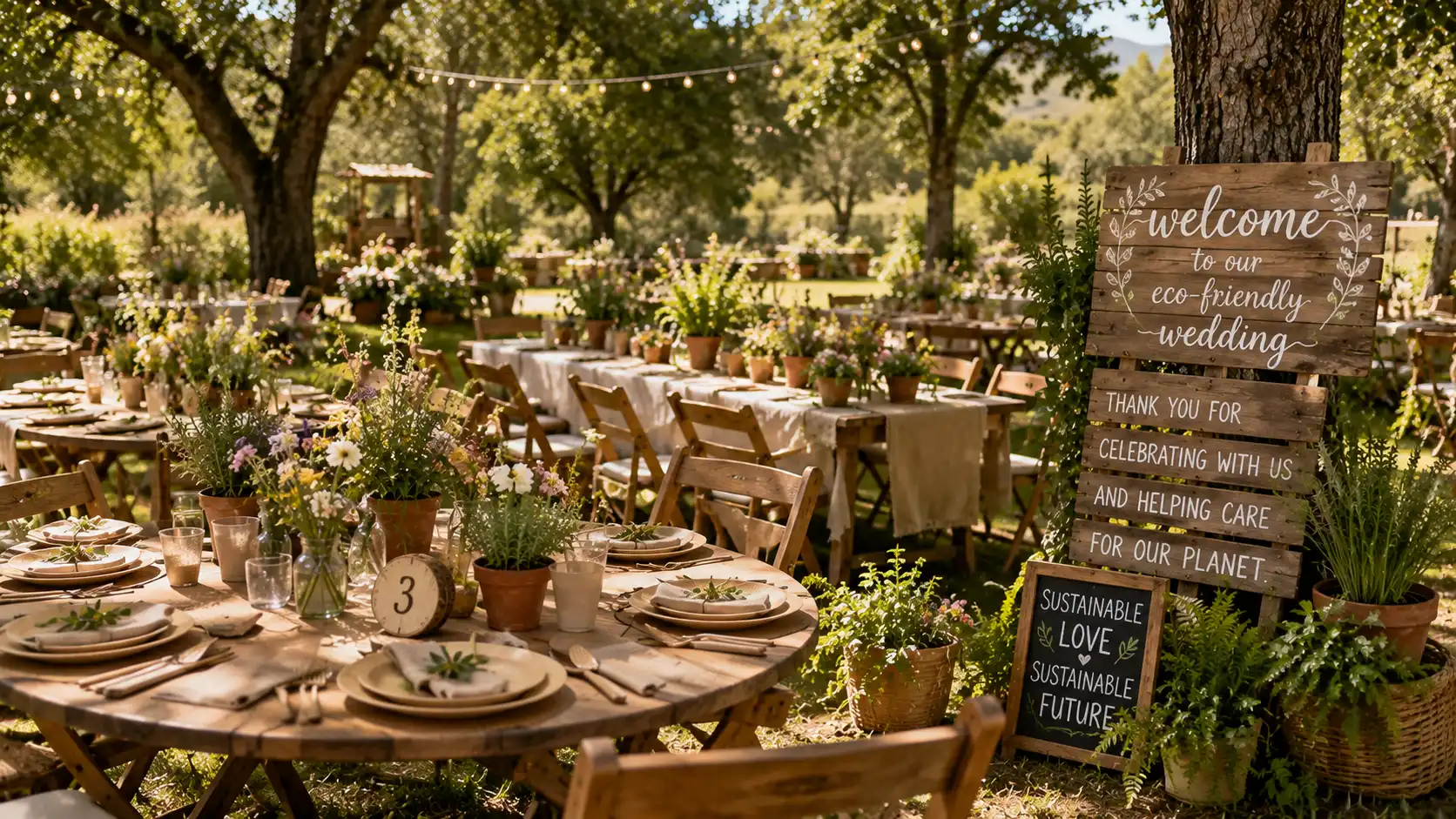 a sunlit outdoor wedding with wooden tables, potted plants, greenery, string lights, sustainable outdoor wedding ideas