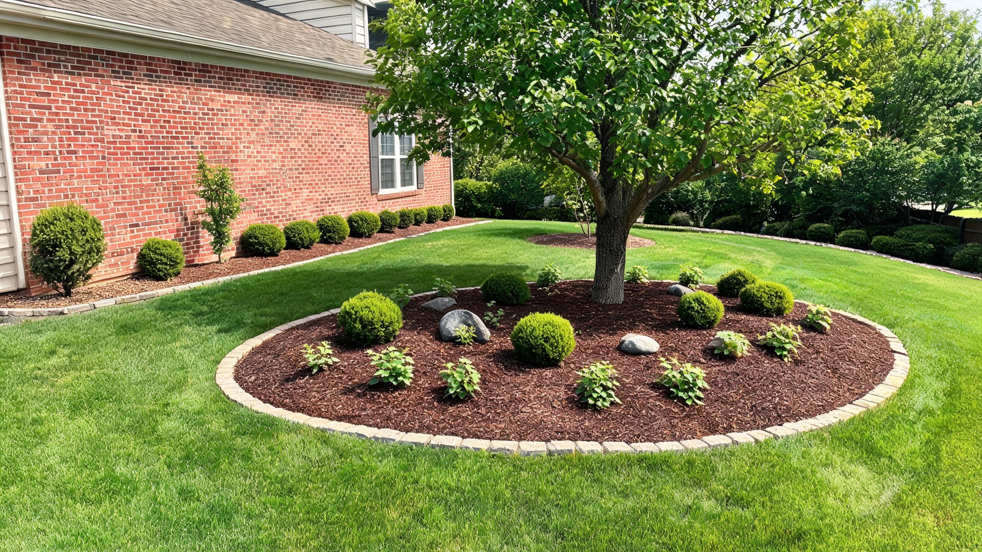 front lawn ideas with a tree mulch bed rounded shrubs stone edging and green grass beside a brick home