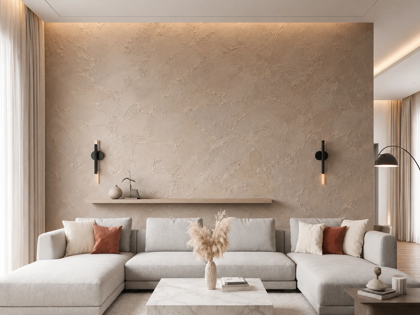 accent wall with hawk and trowel drywall texture, subtle artistic patterns in a modern living room