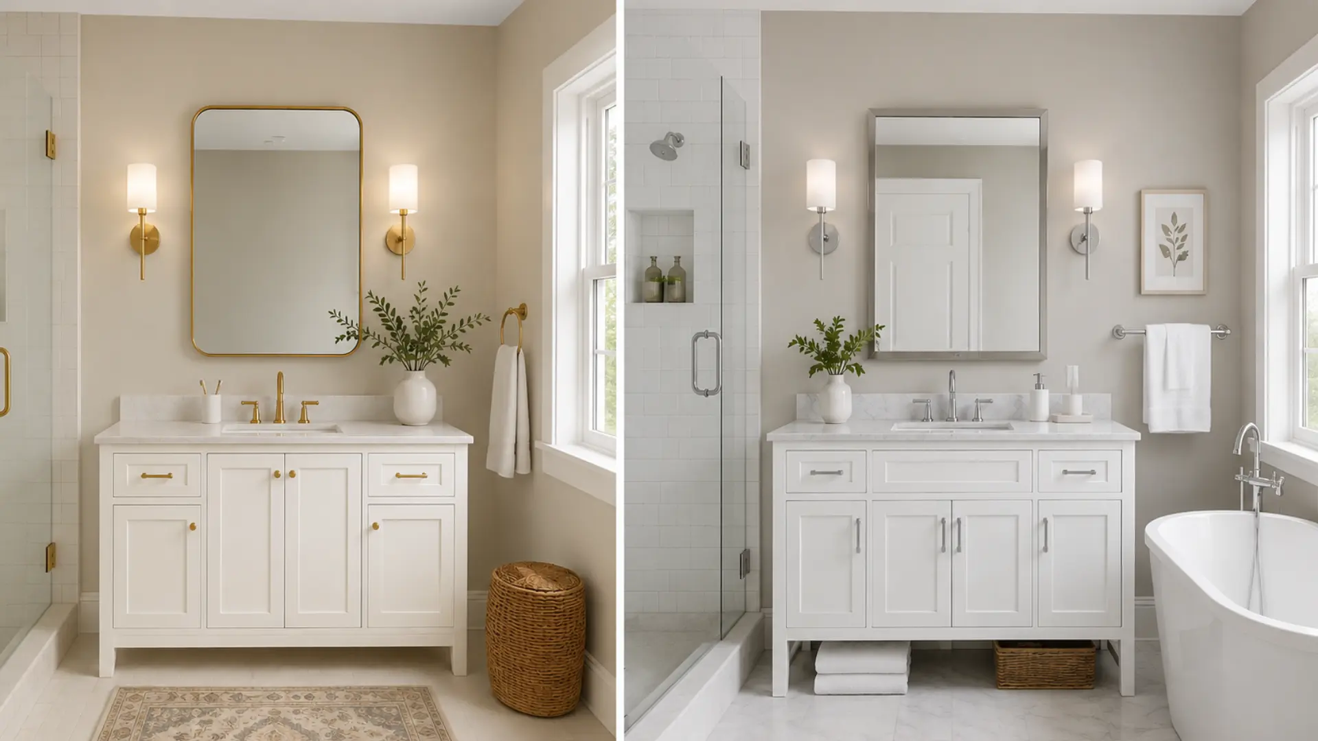 agreeable gray vs repose gray bathroom comparison with warm brass finishes and cool spa-style gray walls