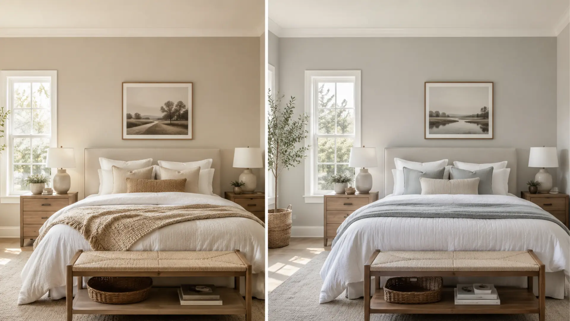 agreeable gray vs repose gray bedroom comparison with warm cozy walls and cool calming walls in natural light