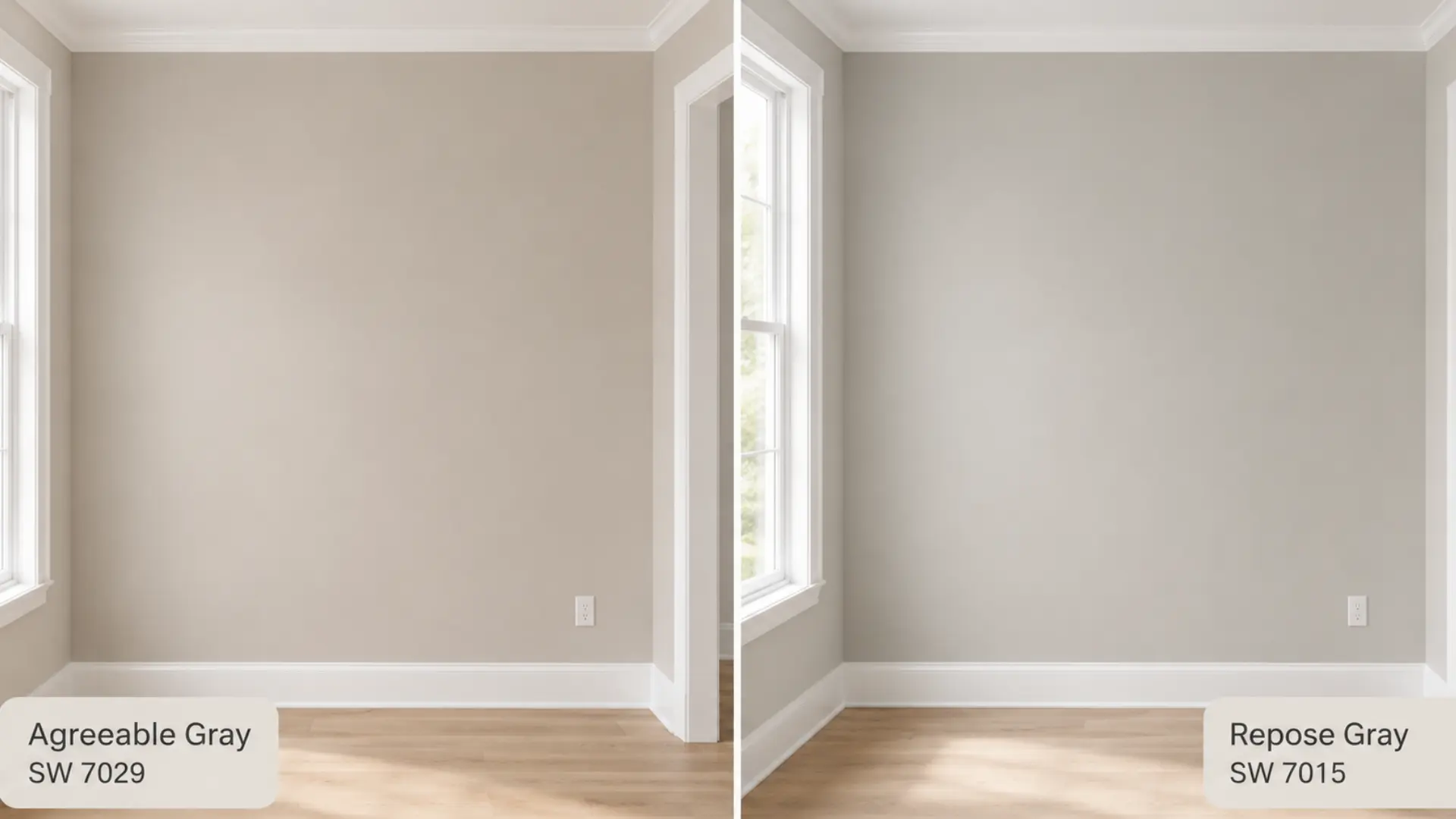 side-by-side wall comparison of agreeable gray vs repose gray with white trim and natural light.