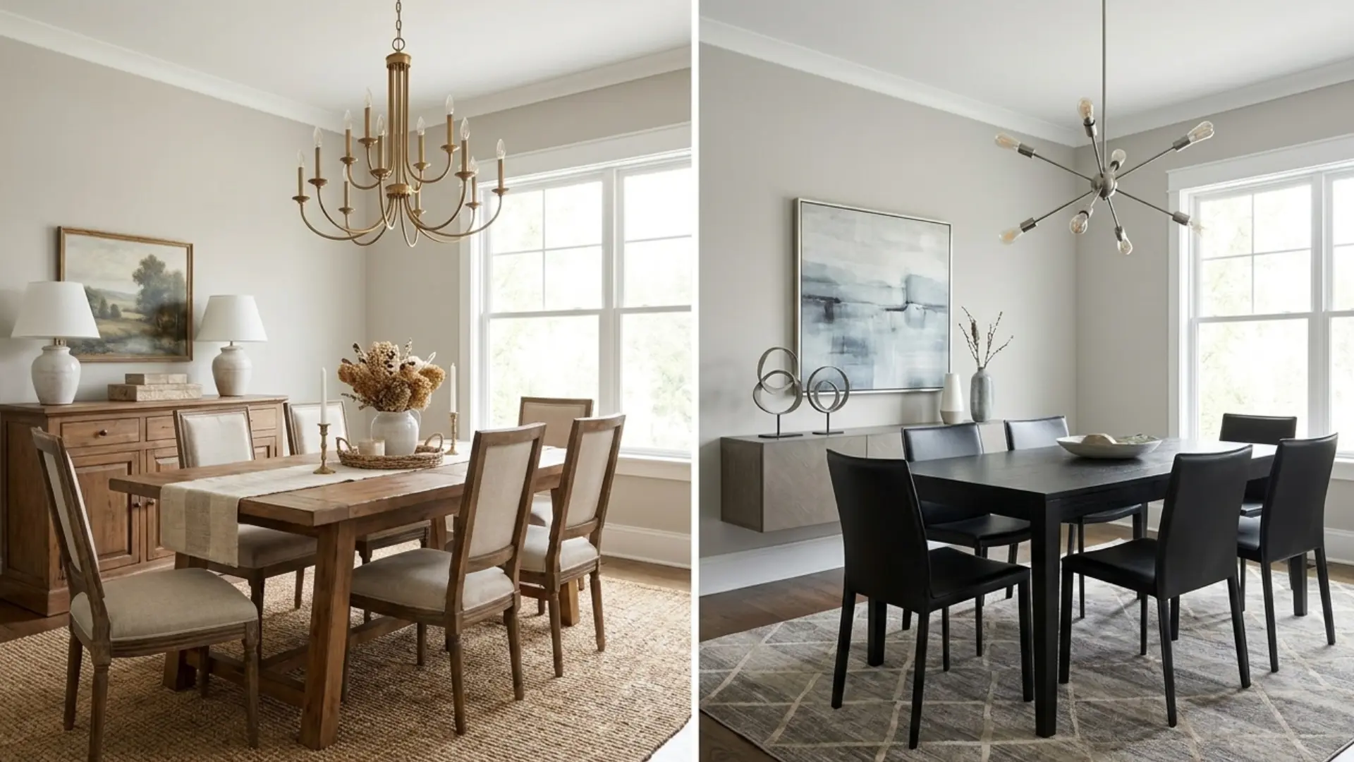 agreeable gray vs repose gray dining room comparison with warm wood tones and cool modern finishes in daylight