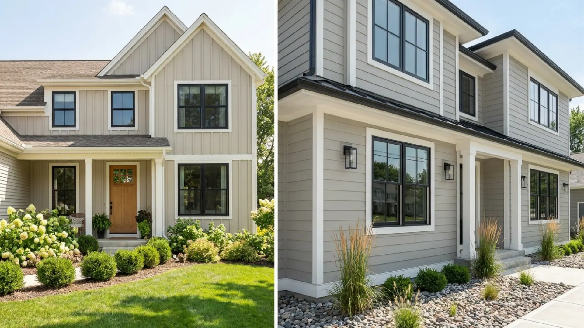 agreeable gray vs repose gray exterior comparison on traditional and modern homes in bright daylight