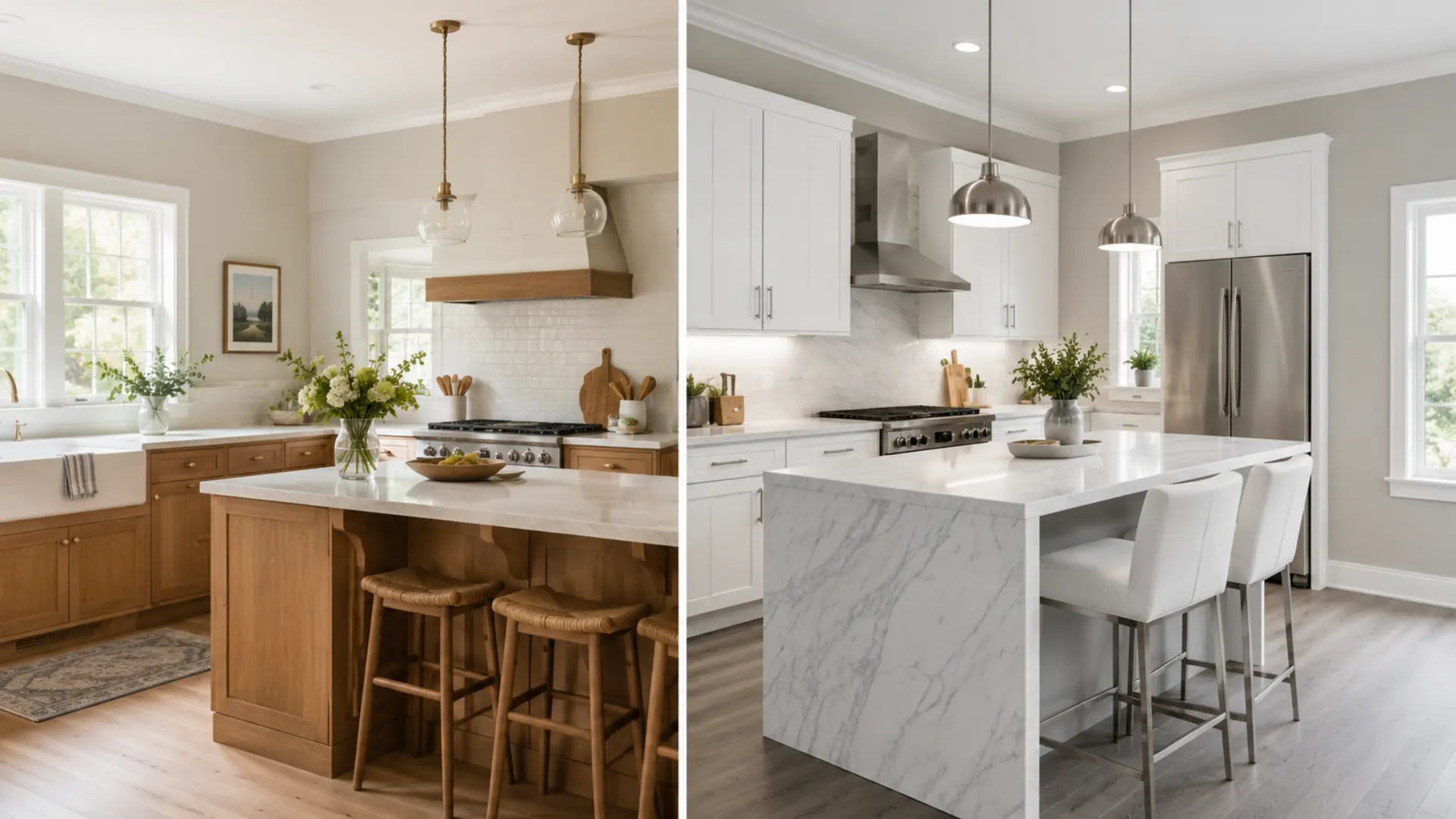 agreeable gray vs repose gray kitchen comparison with warm wood finishes and cool modern cabinetry in daylight