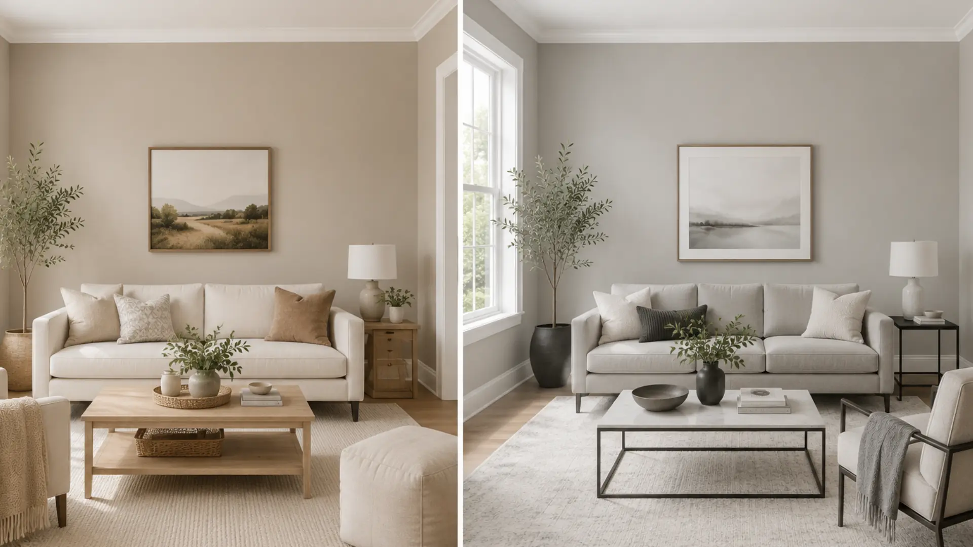 agreeable gray vs repose gray living room comparison with warm and cool neutral walls in natural light