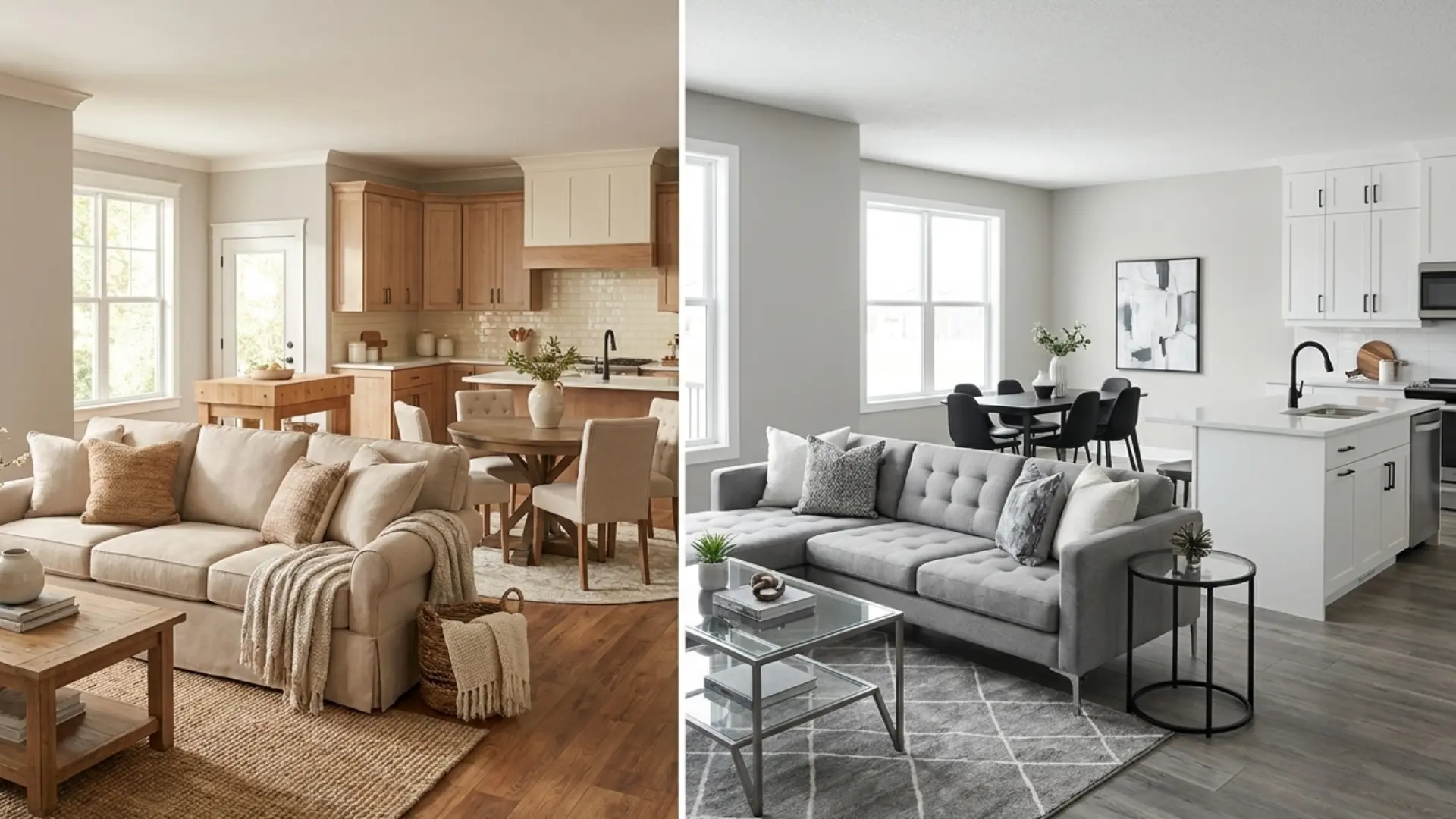 agreeable gray vs repose gray open floor plan comparison with warm connected spaces and cool modern finishes