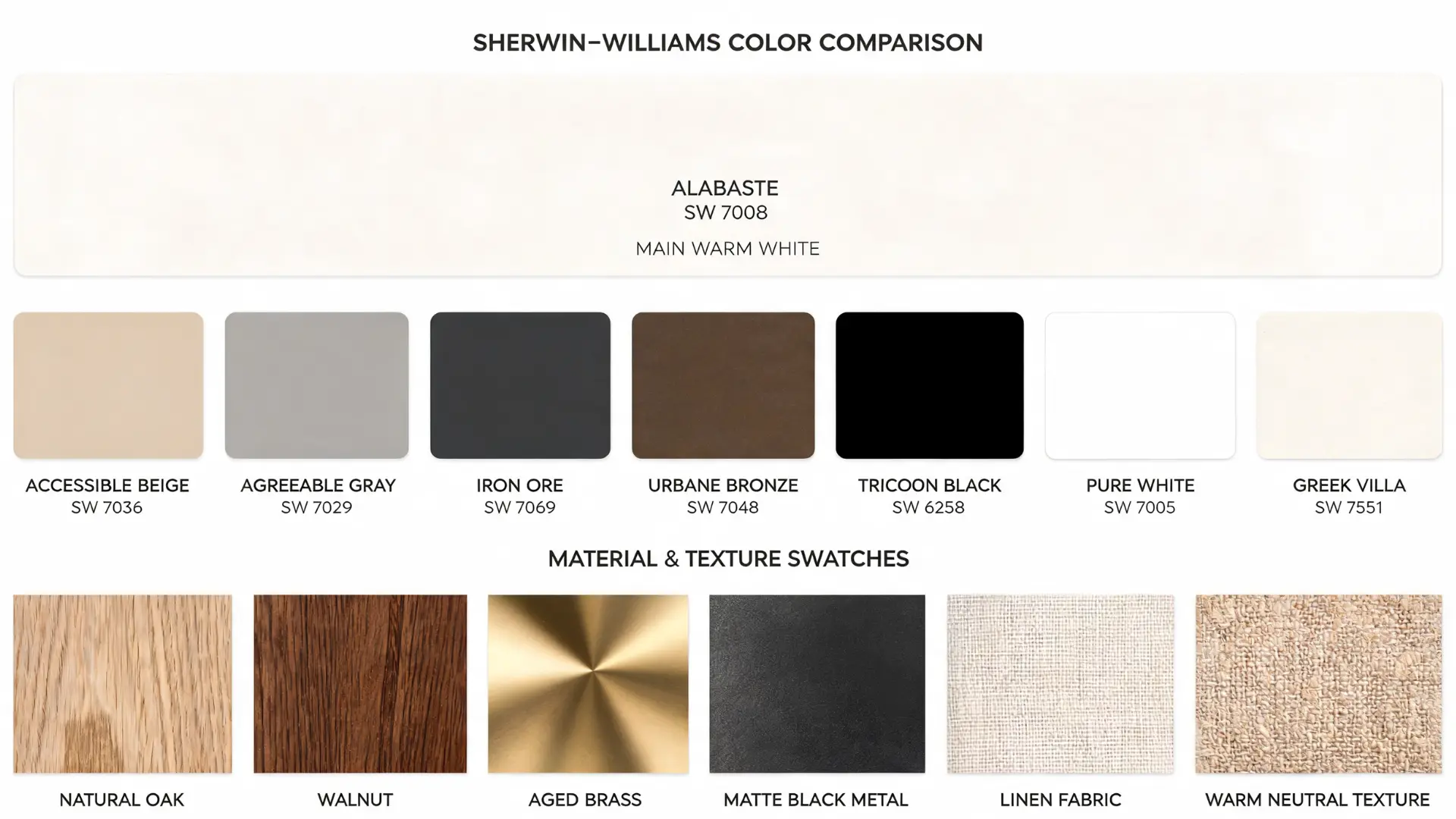 alabaster sw 7008 color board with warm neutrals, dark accents, wood, brass, and white paint swatches
