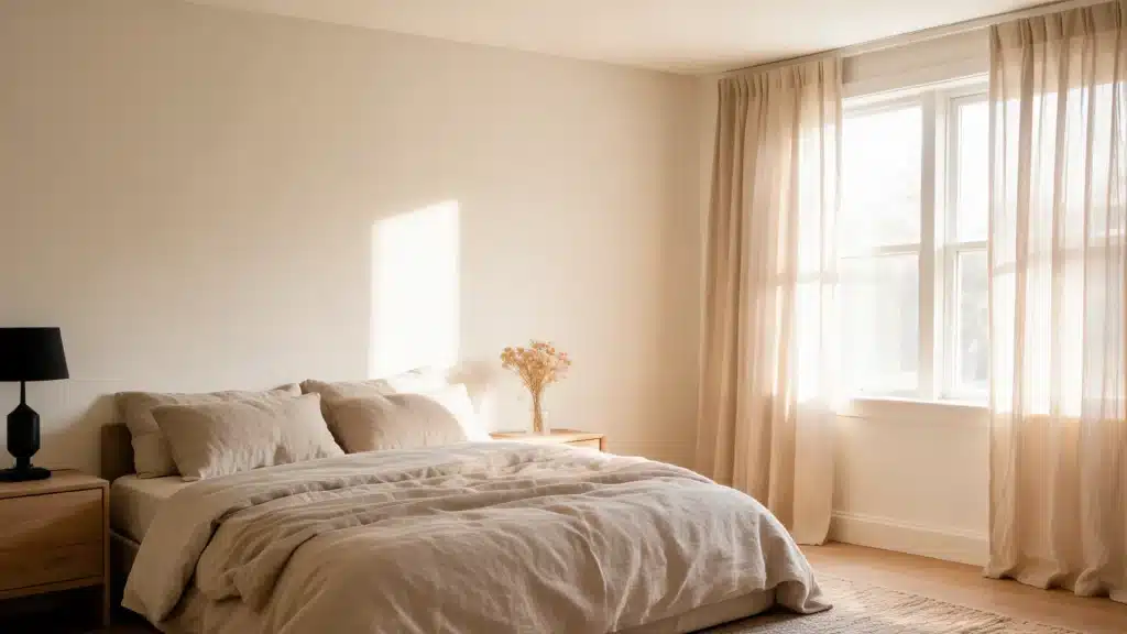 alabaster sw 7008 wall with warm furniture, neutral decor, and soft natural light