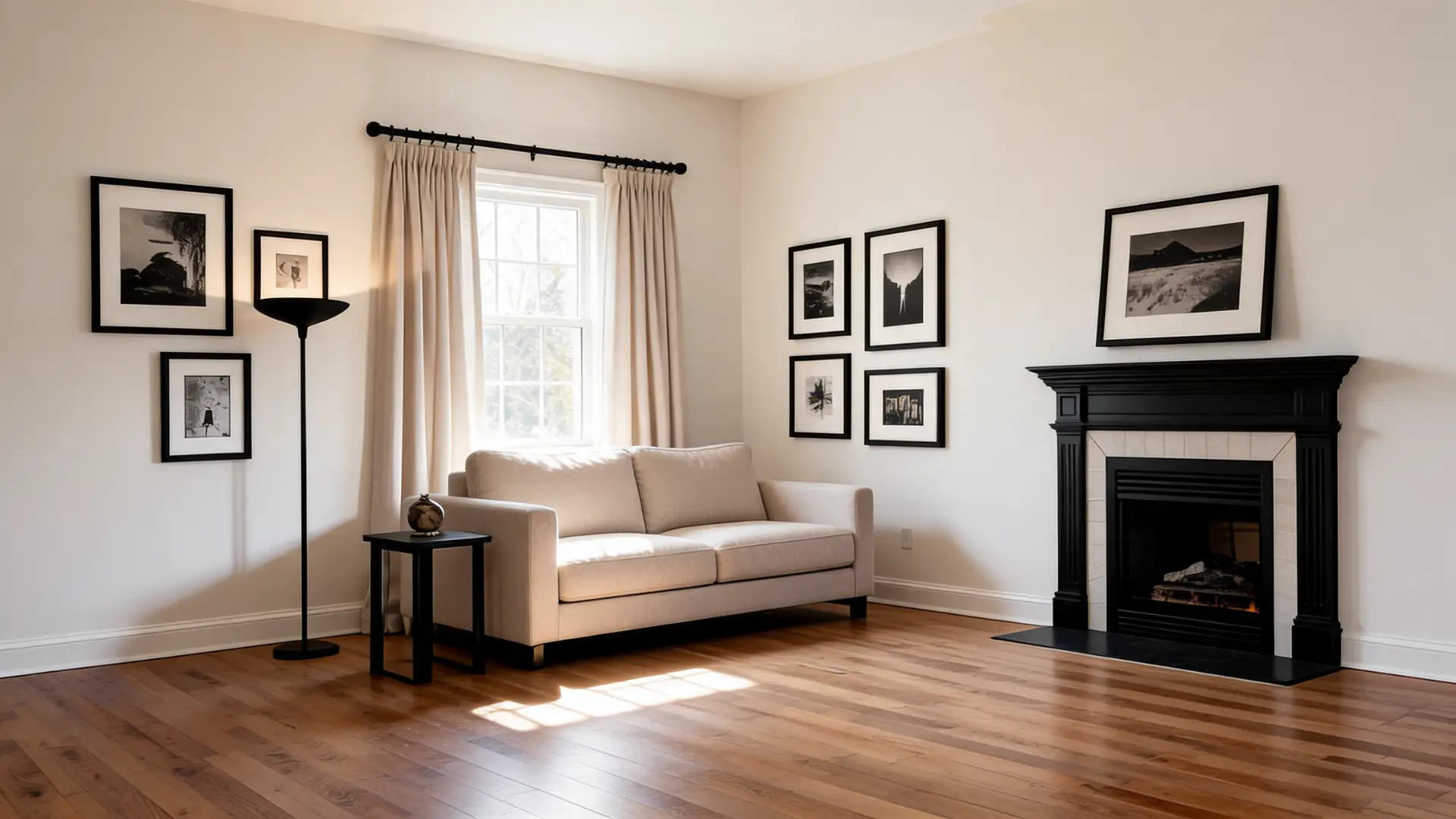 alabaster sw 7008 walls with black accents, neutral sofa, and warm wood floors