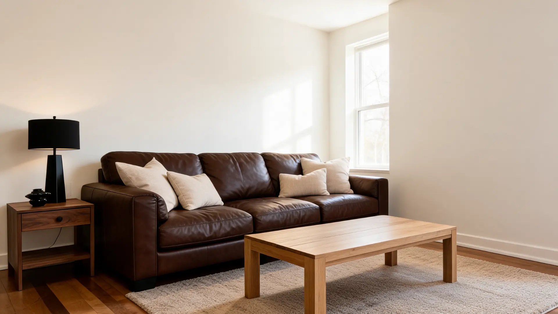 alabaster sw 7008 walls with brown leather furniture, warm wood tones, and black accents