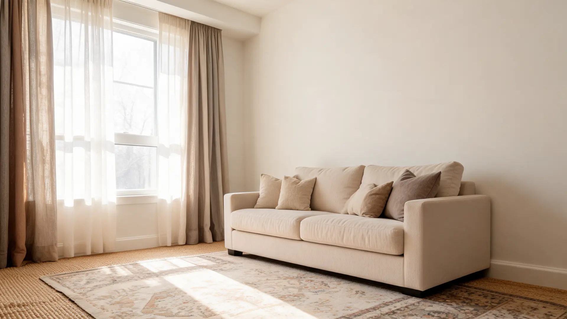 alabaster sw 7008 walls with jute rug, warm neutral curtains, and soft layered decor