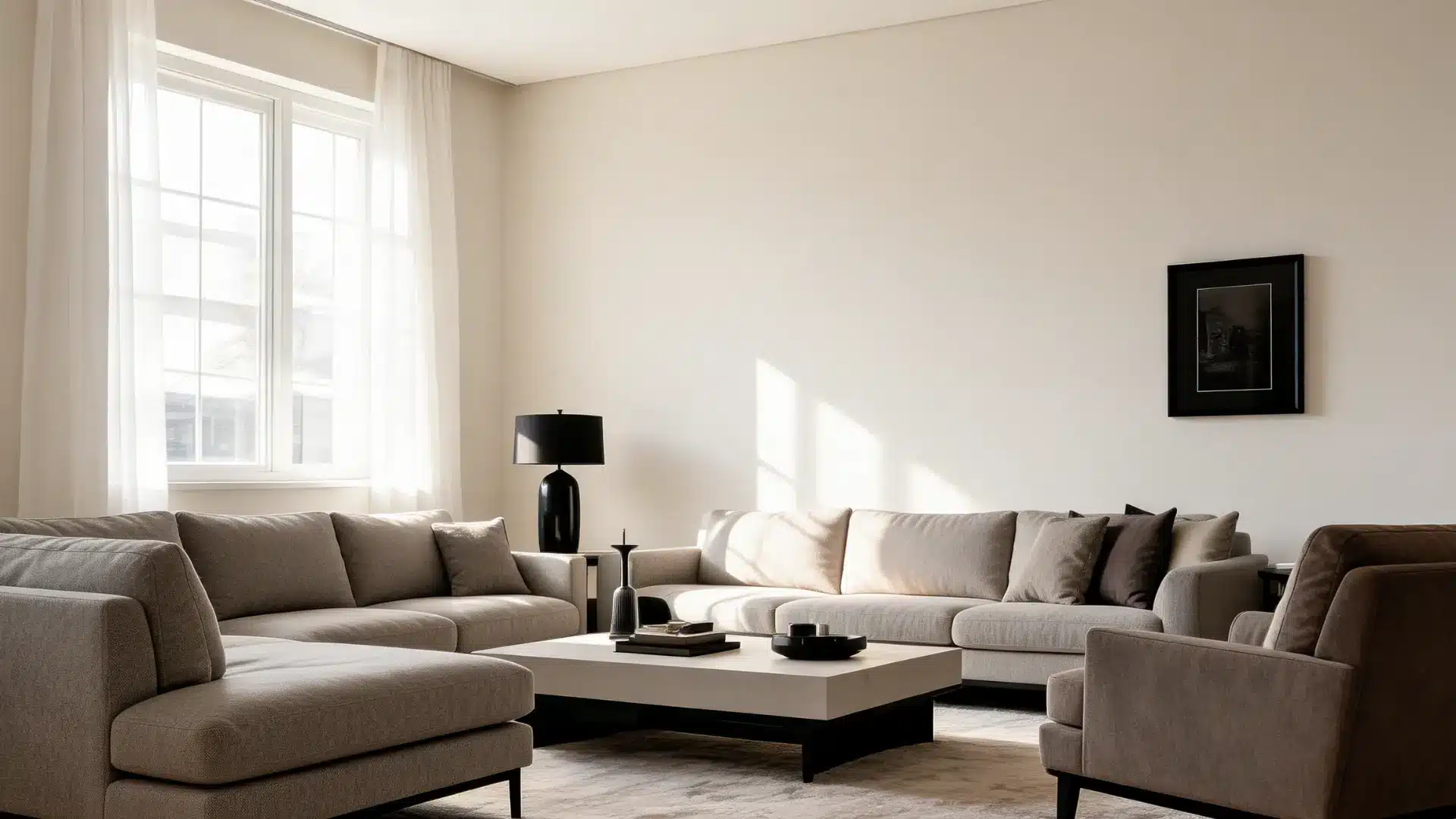 alabaster sw 7008 walls with warm gray, greige, and taupe furniture in a soft neutral living room