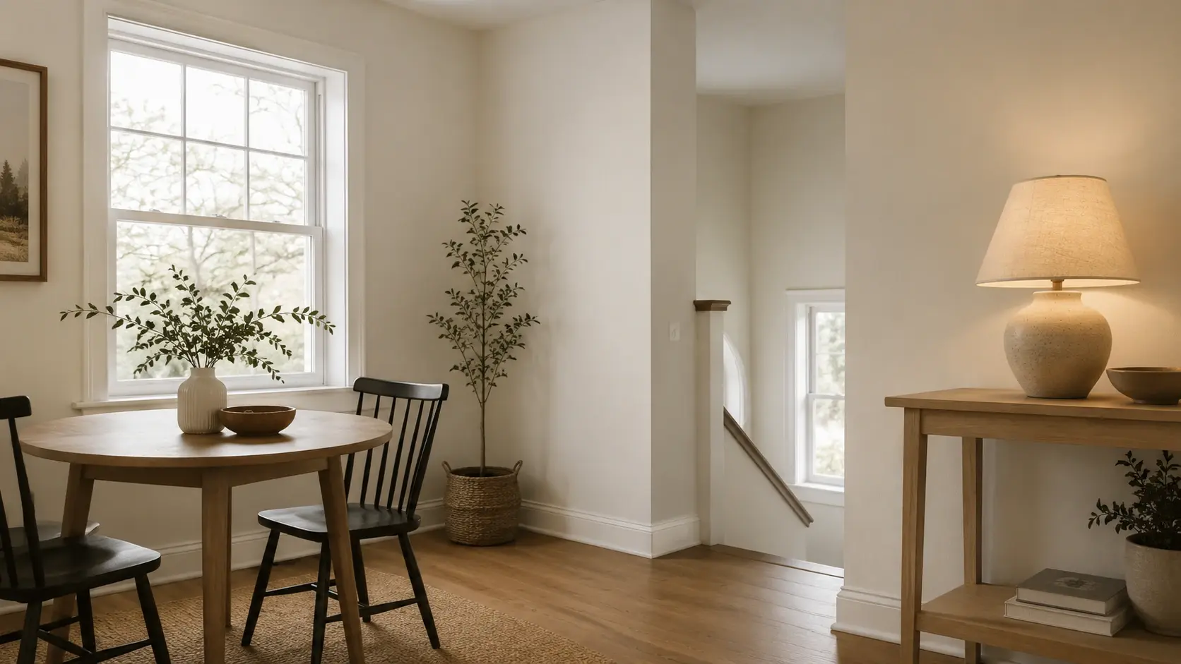 alabaster walls in a calm room showing how the color looks bright in cool light and creamier in warm light