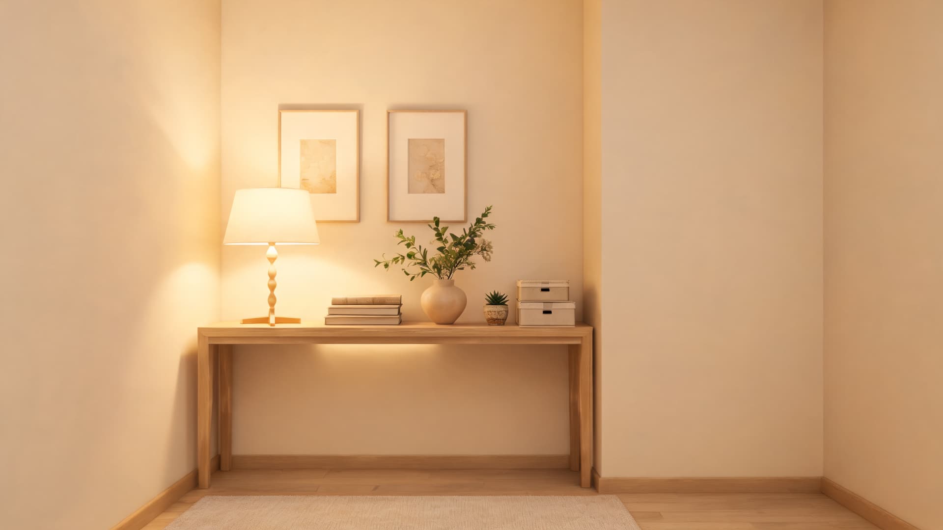 minimal alcove console table styling with warm lighting framed art and neutral decor accents