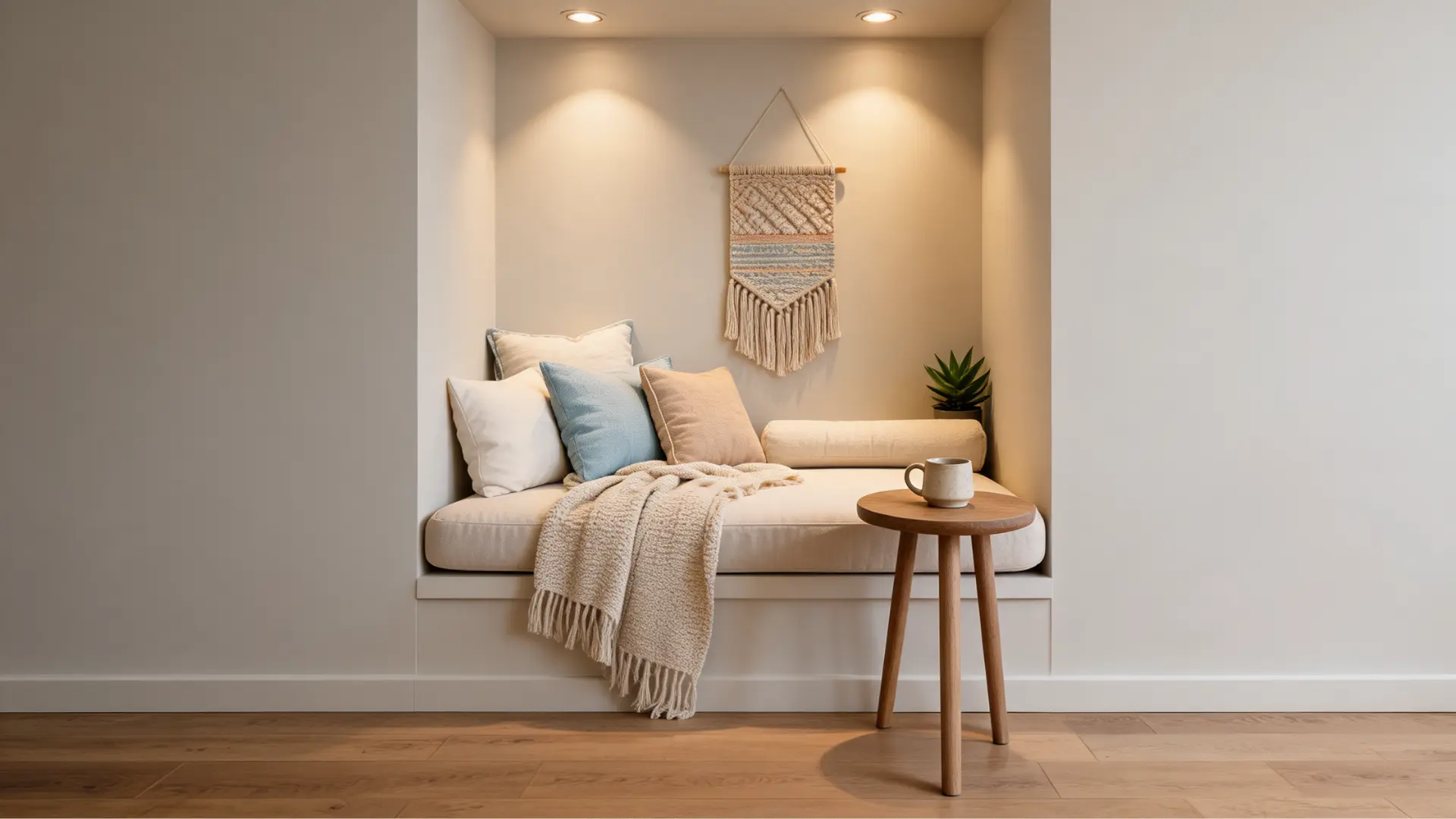 alcove daybed reading nook with cushions throws side table and warm lighting