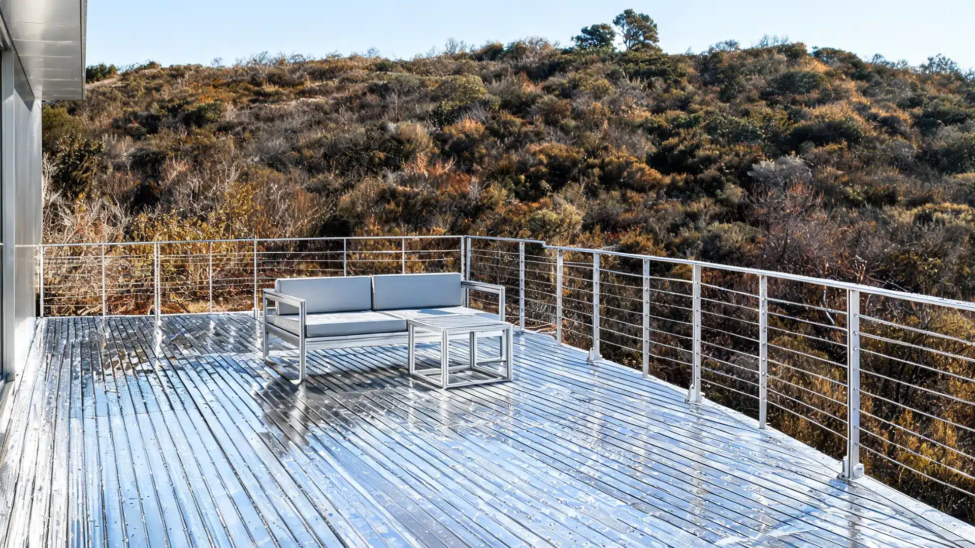 aluminum decking with metallic finish in a modern outdoor space showing low-maintenance and durability