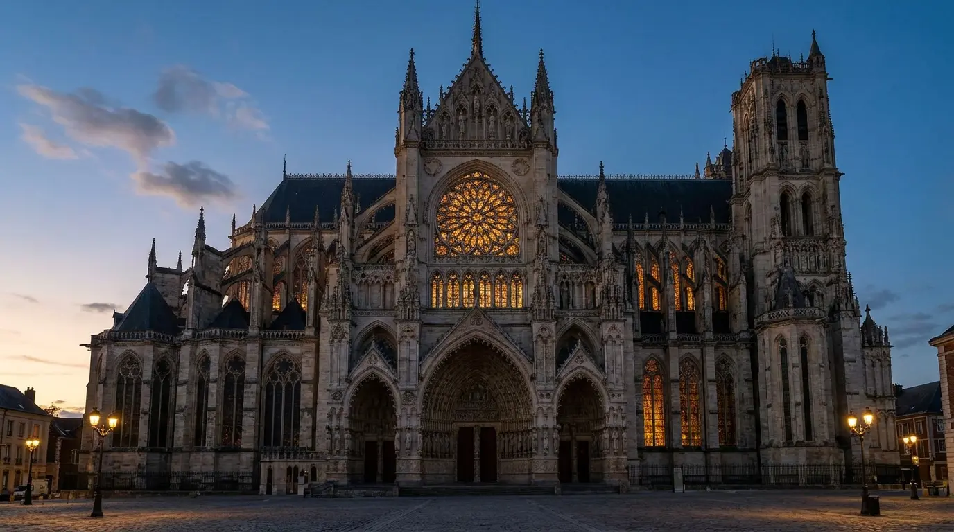 amiens cathedral high Gothic facade with pointed arches and detailed stone carvings