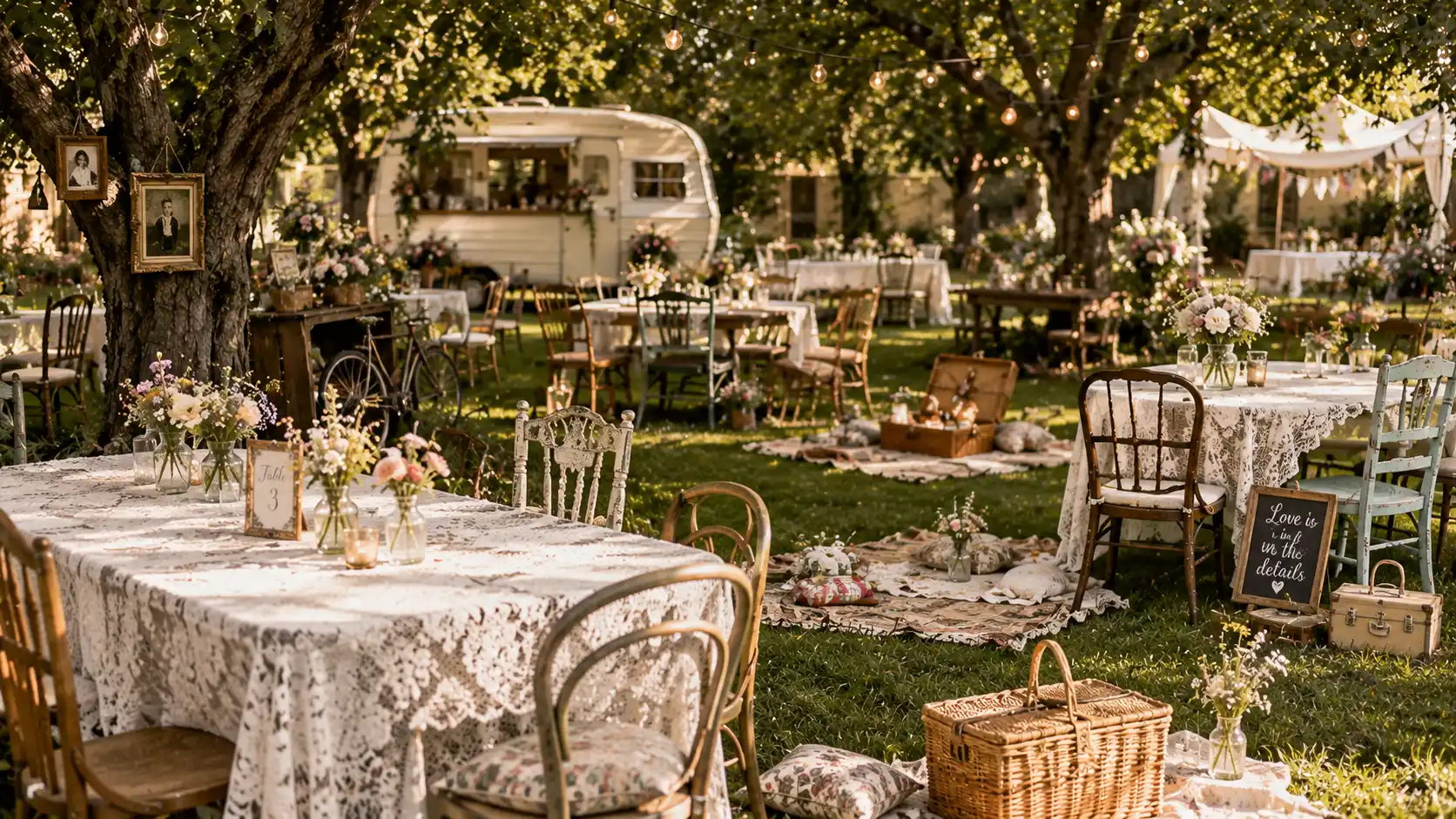 an outdoor garden wedding with lace-covered tables, mismatched chairs, picnic blankets, flowers, outdoor wedding ideas