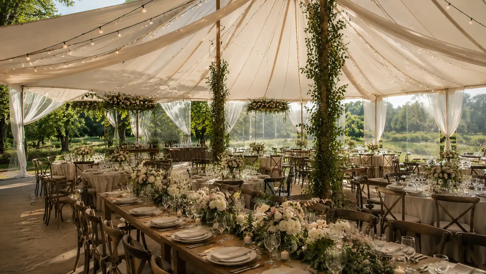 an outdoor wedding ceremony in a garden with a white floral arch, wooden chairs, trees, outdoor wedding ideas