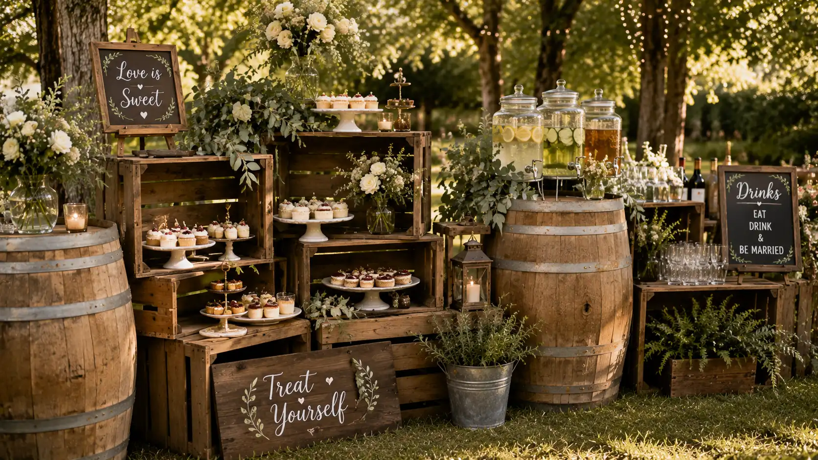 an outdoor wedding dessert and drink station with wooden crates, cupcakes, beverages, lanterns, outdoor wedding ideas