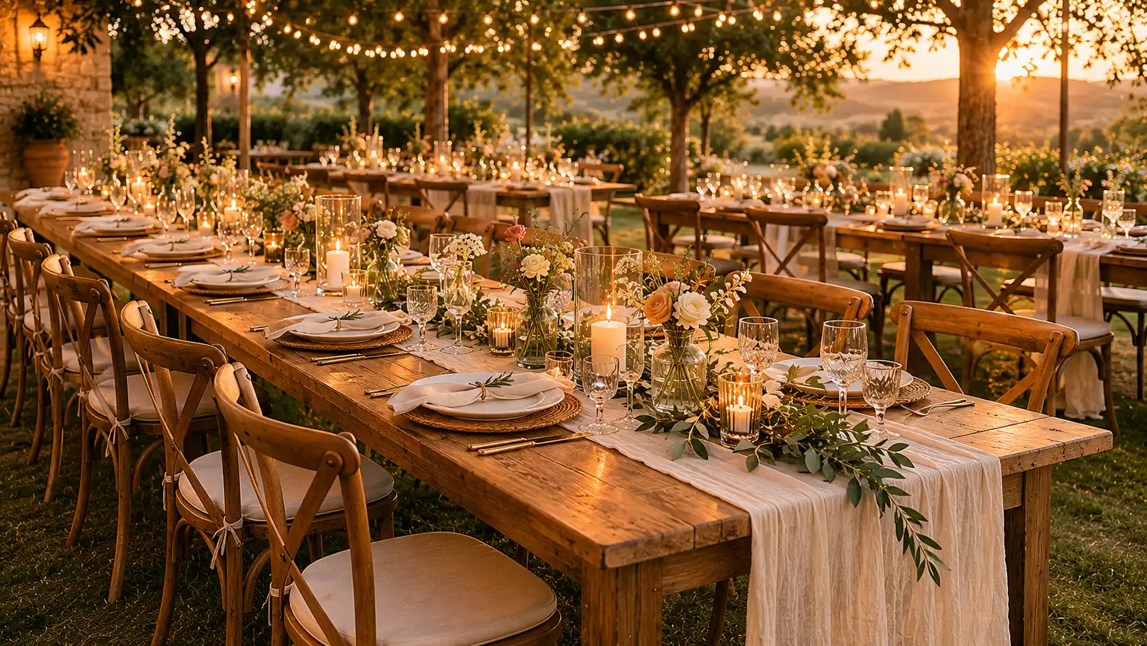 an outdoor wedding with long wooden tables, floral centerpieces, candles, string lights, perfect outdoor wedding ideas