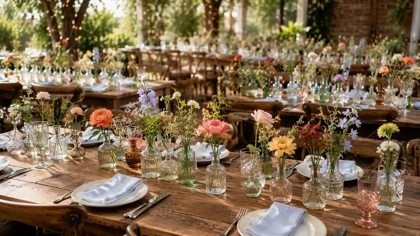 an outdoor wedding with wooden tables, colorful wildflower arrangements in glass vases, festive outdoor wedding ideas