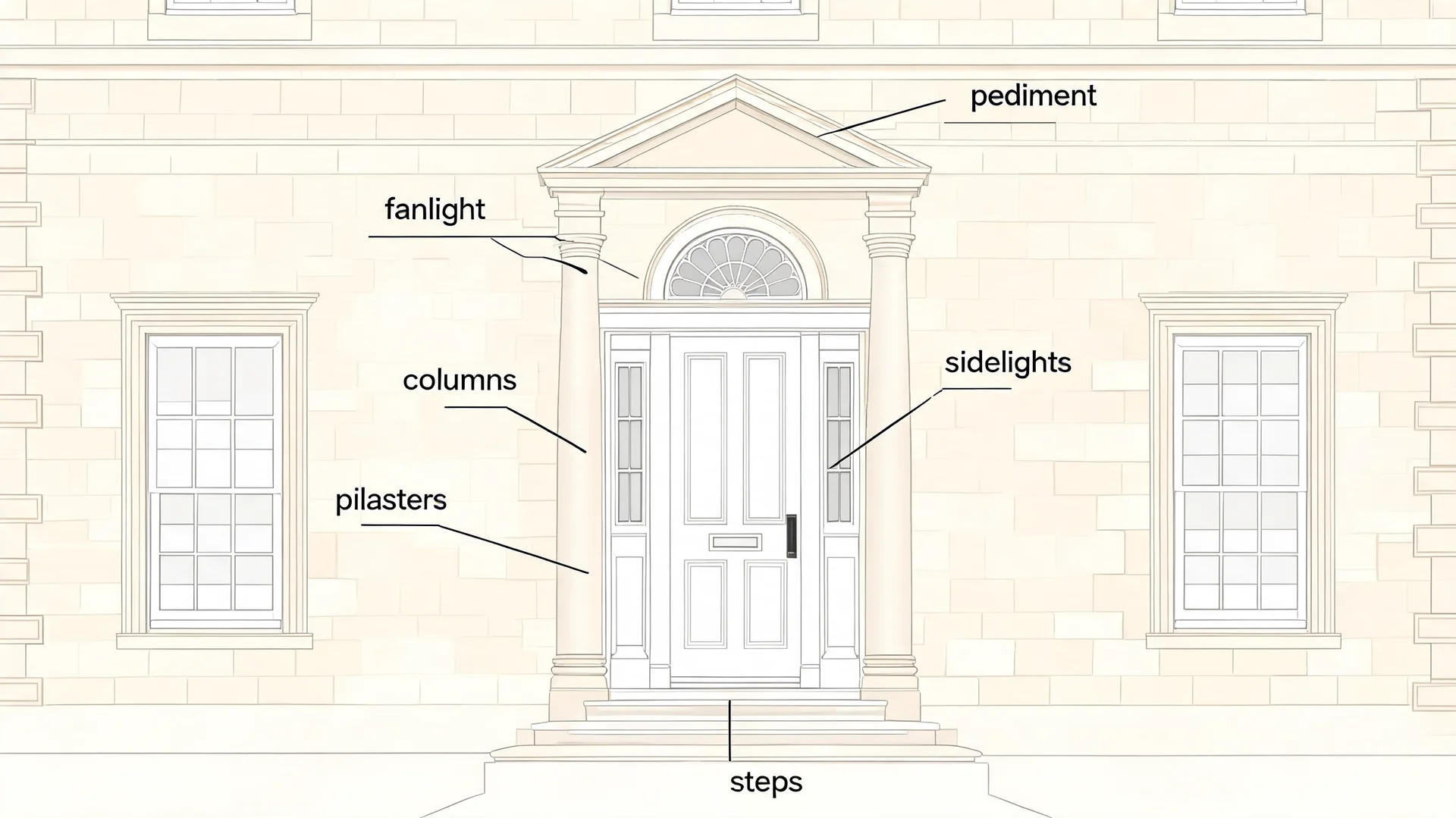 Annotated Georgian entrance diagram showing fanlight, sidelights, columns, pediment, pilasters, and centered front door.