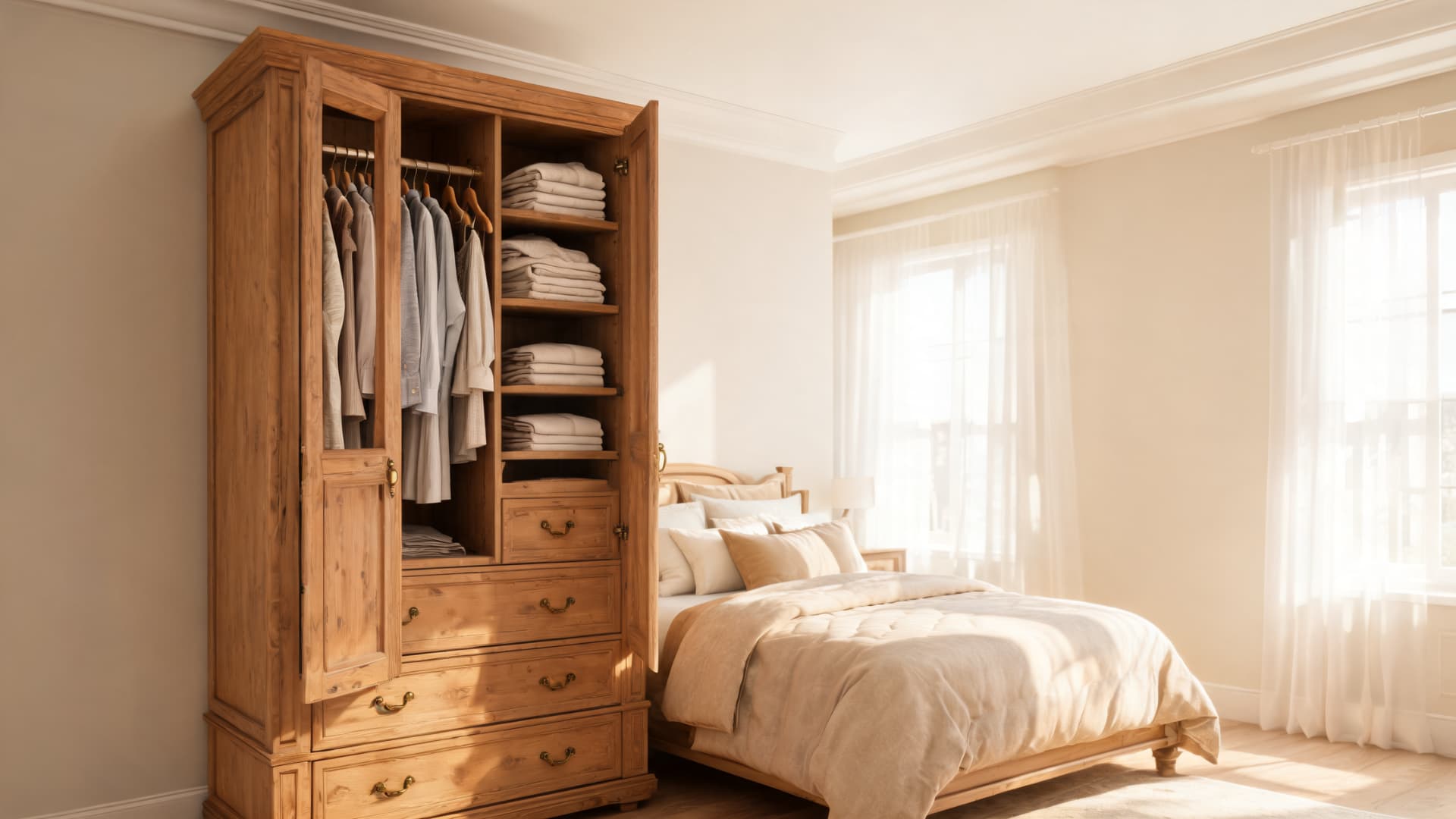 rustic wooden armoire with hanging clothes shelves and drawers beside a cozy sunlit bedroom bed