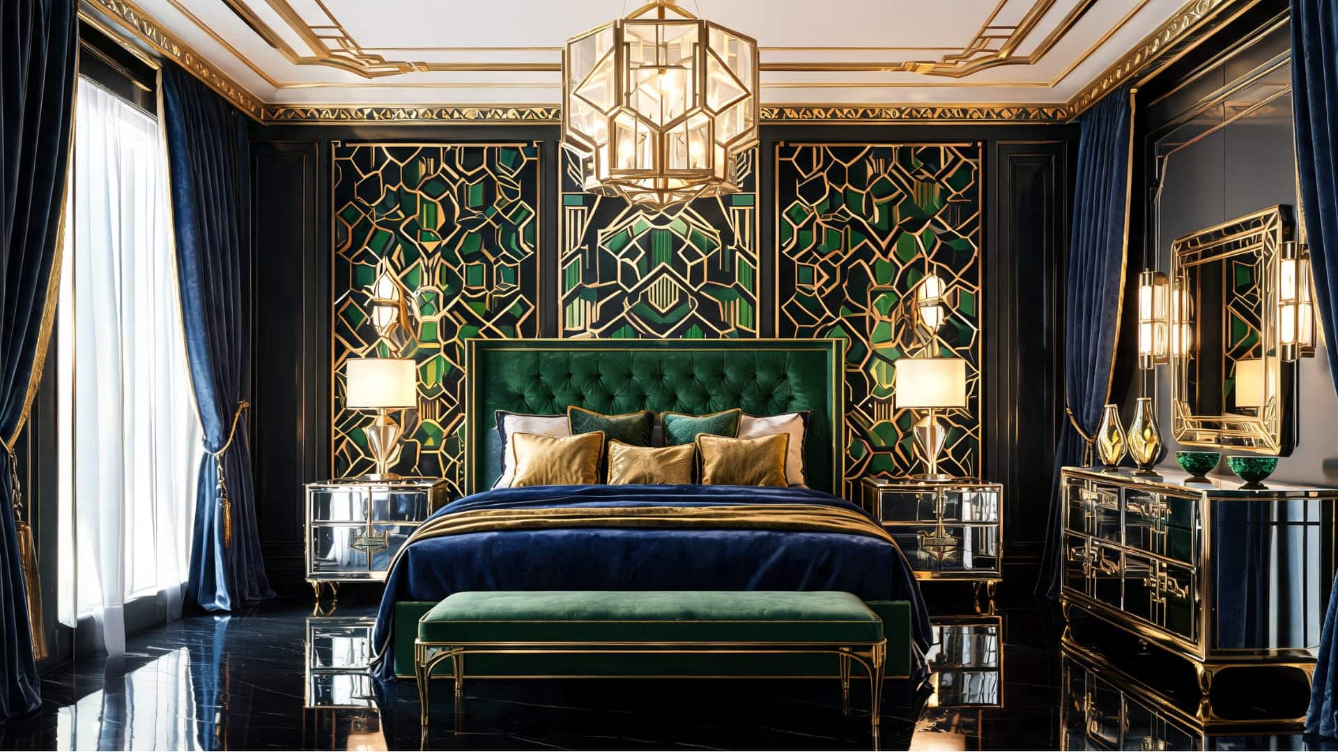 art deco bedroom with geometric gold details, emerald velvet, mirrored furniture, navy drapes, and glossy finishes